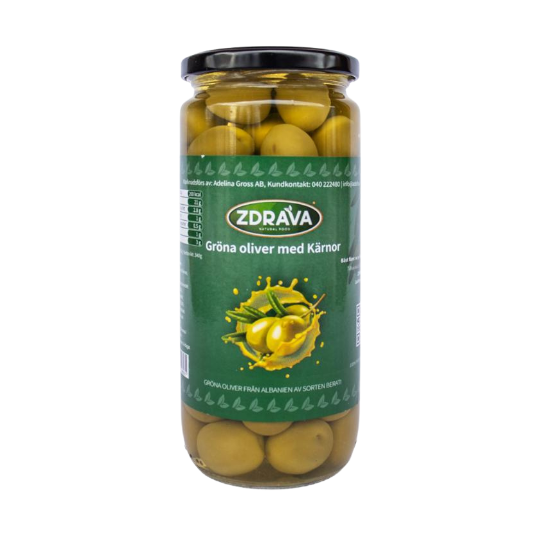Gröna oliver med kärnor 550 g