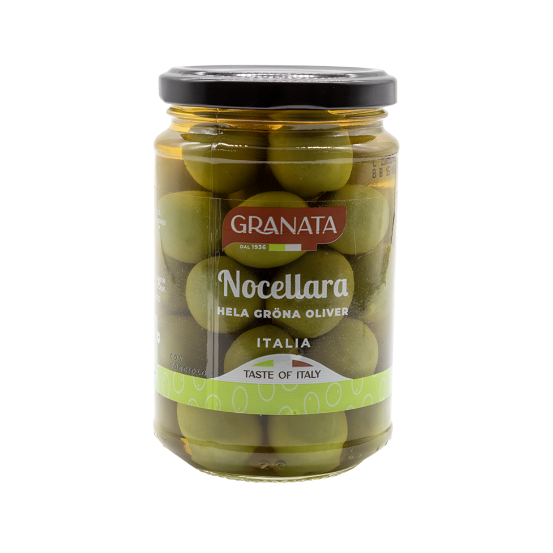 Granata Nocellara, whole green olives in glass jar, 290g (drained weight 160g) 21-018264- 314ml - 6p